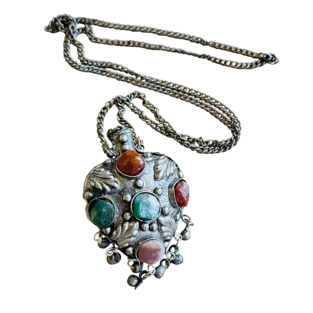 VTG Snuff Poison Perfume Bottle Box Necklace Pendant Agate Stone Rare Retro 30